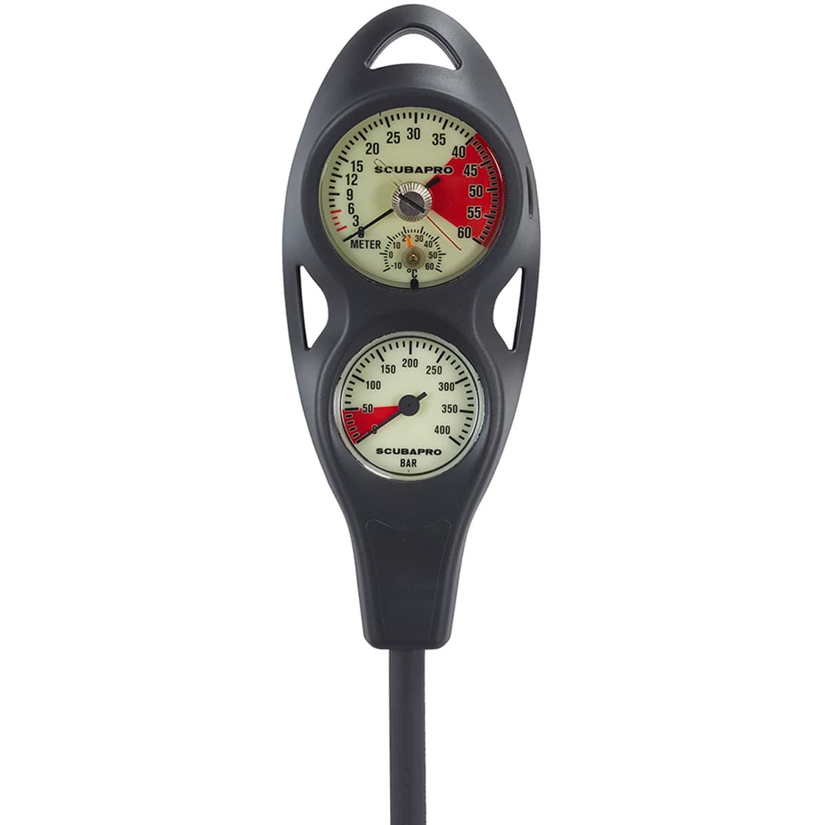 Scubapro dive gauge showing depth and pressure.