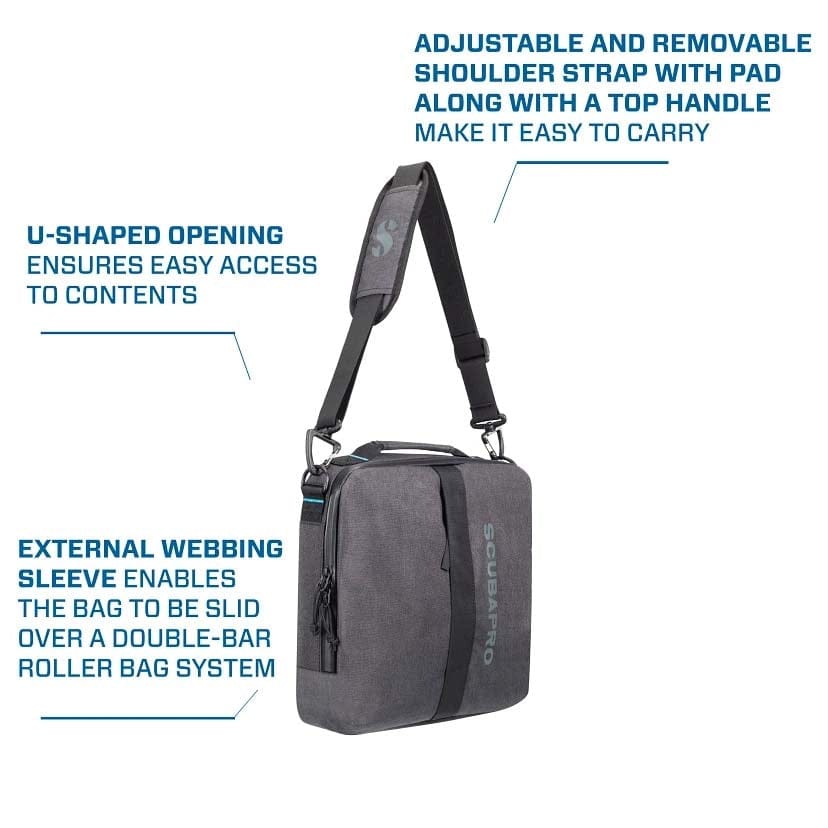 Gray travel bag with shoulder strap and top handle.