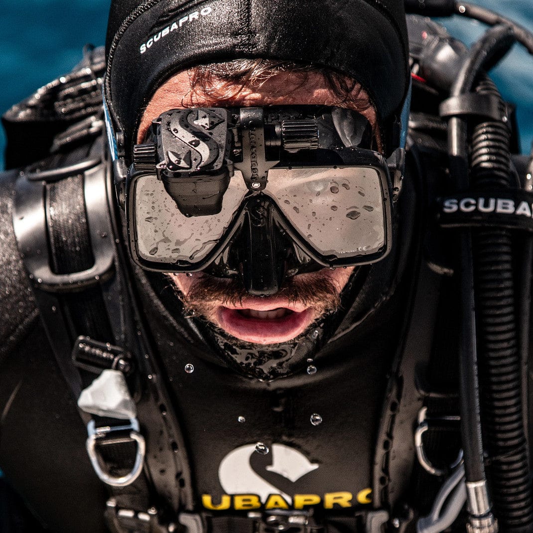 Scuba diver in full gear, close-up.