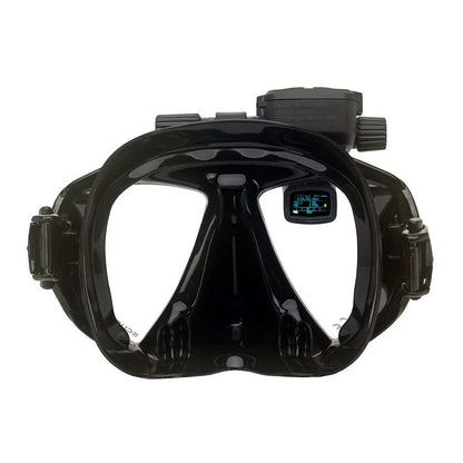Black scuba diving mask with display screen.