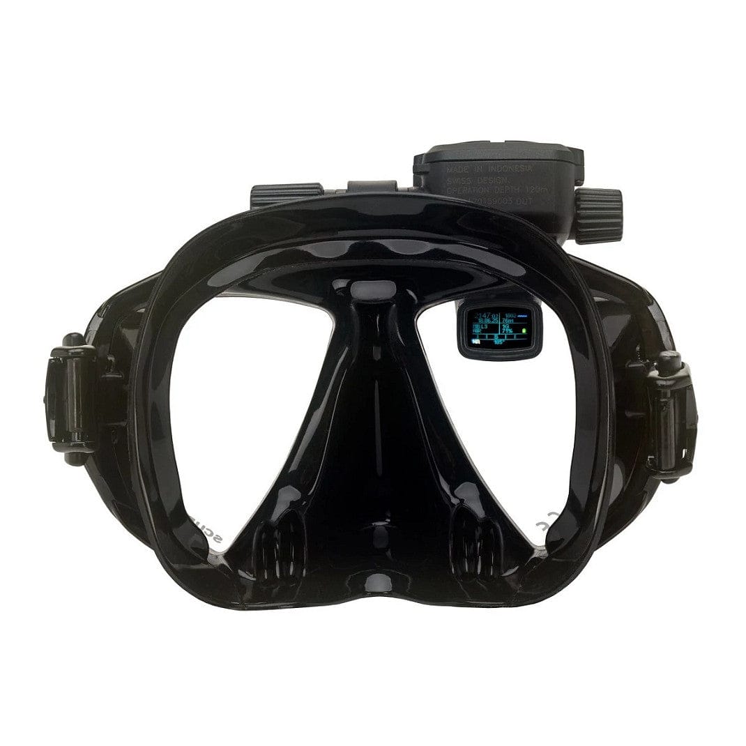 Black diving mask with attached screen.