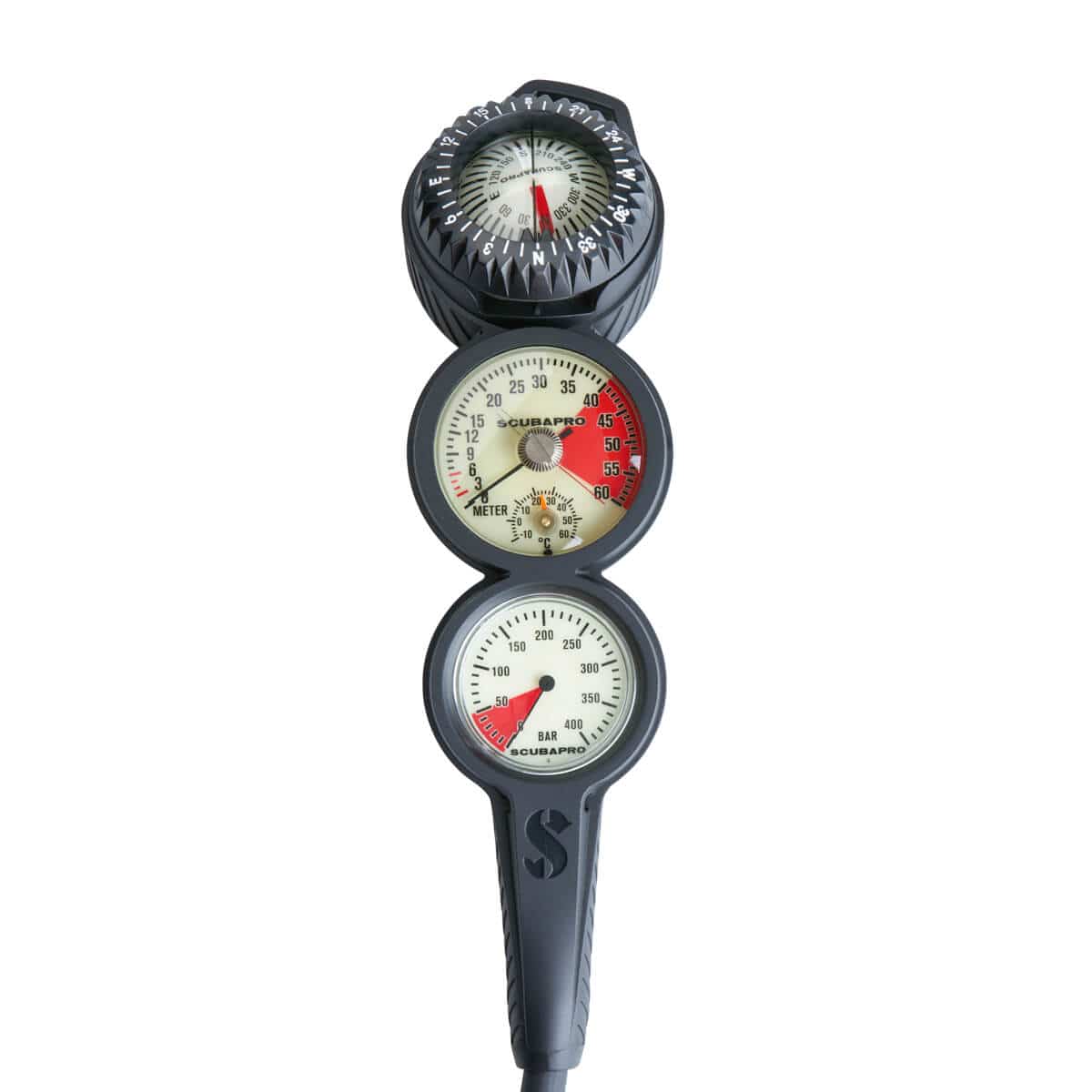 Scubapro dive console 1072017_alt01 with compass, depth, and pressure gauges.