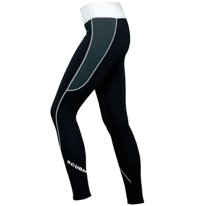 Black leggings with white and grey accents, Scuba logo