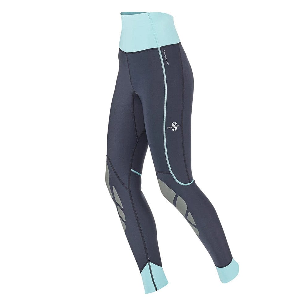 Women's performance leggings with blue accents and gray accents.