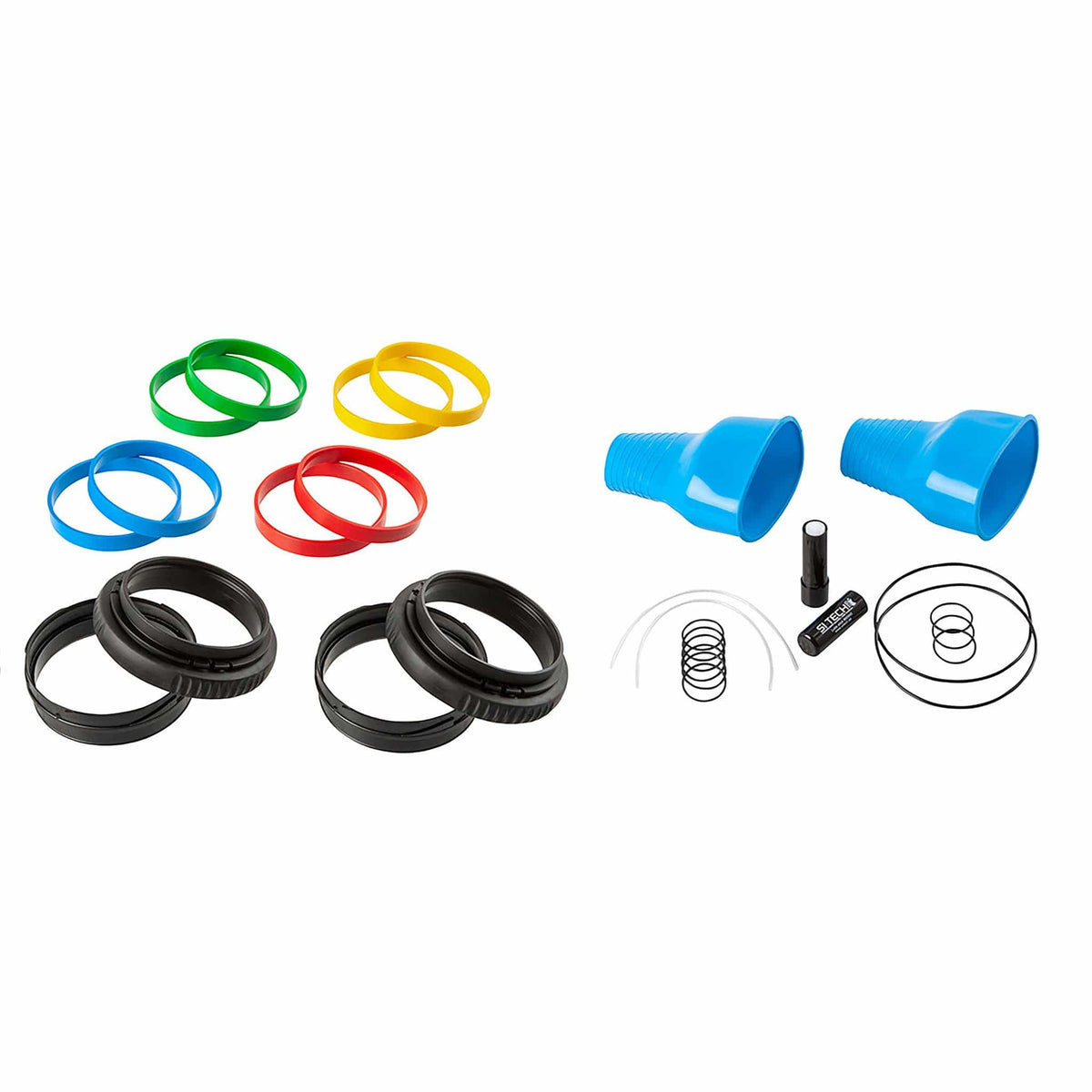 Assorted colored O-rings and blue nozzles, part 1107186
