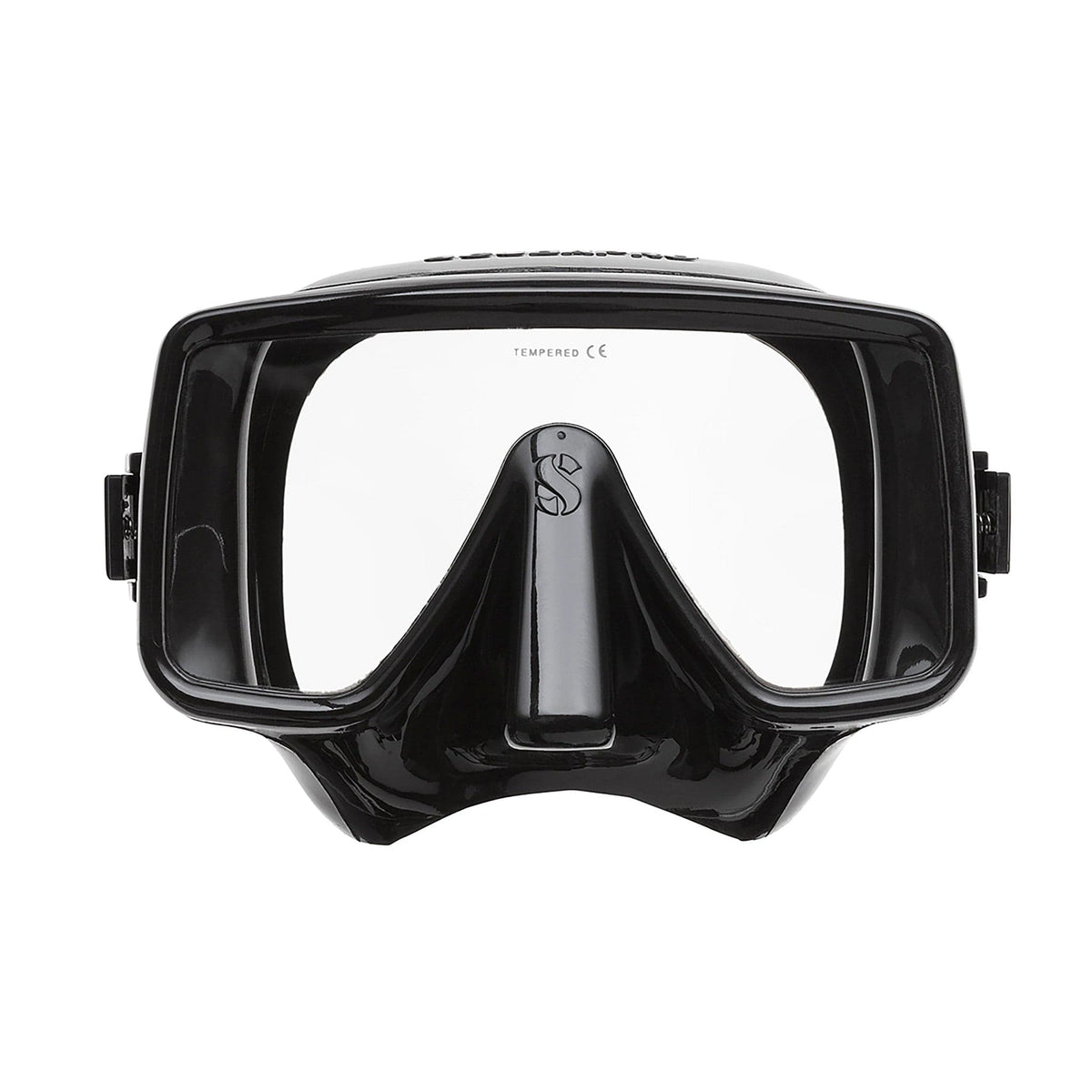 Black scuba diving mask with clear lenses.