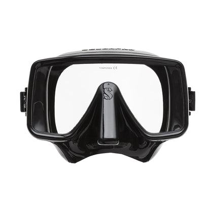Black scuba diving mask with clear lenses.