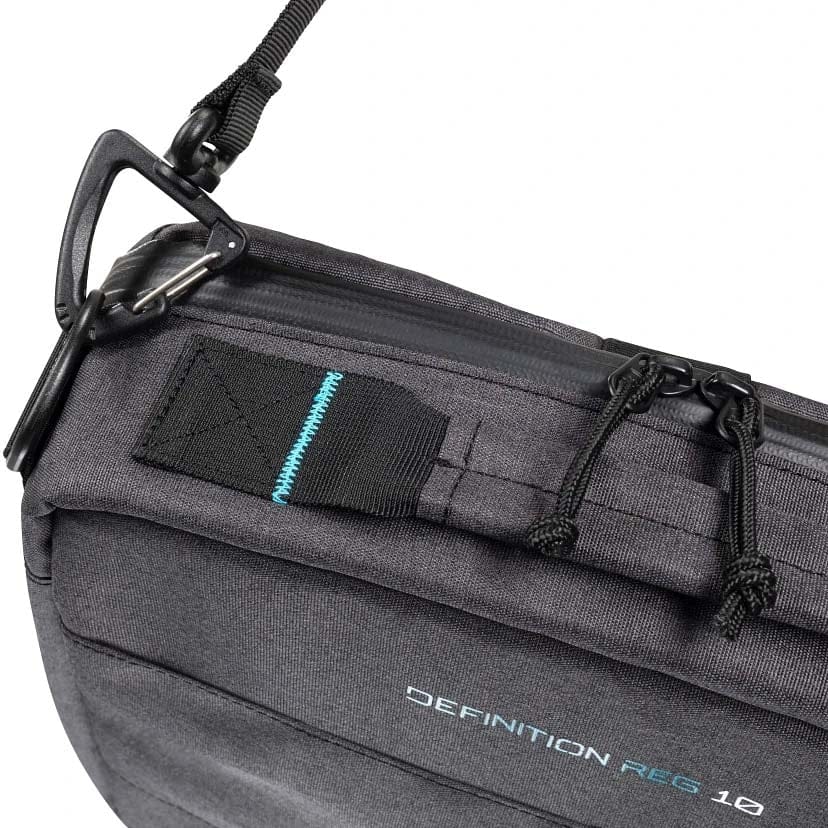 Close-up of a gray bag with black strap and clip.