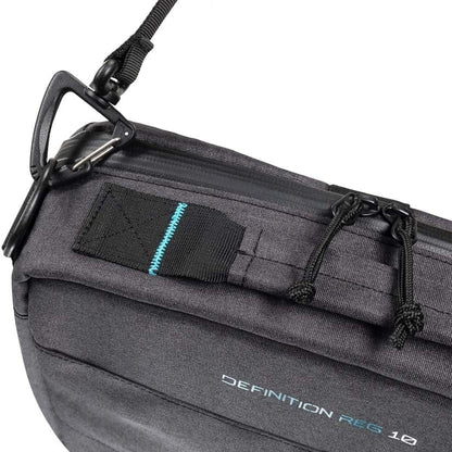 Close-up of a gray bag with black strap and clip.