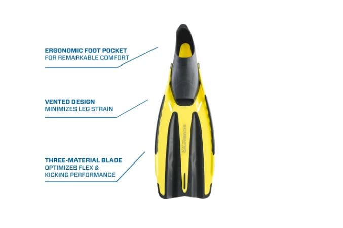 Yellow and black scuba fin with ergonomic design.