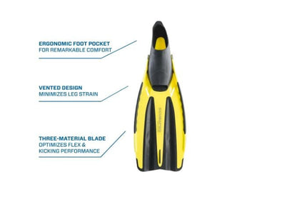 Yellow and black scuba fin with ergonomic design.