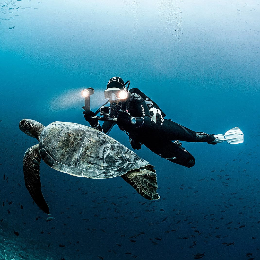 Scuba diver photographing sea turtle underwater