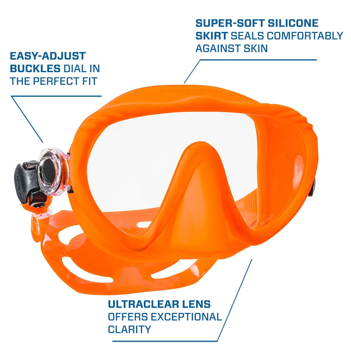 Orange ghost diving mask with ultraclear lens and comfortable silicone skirt.
