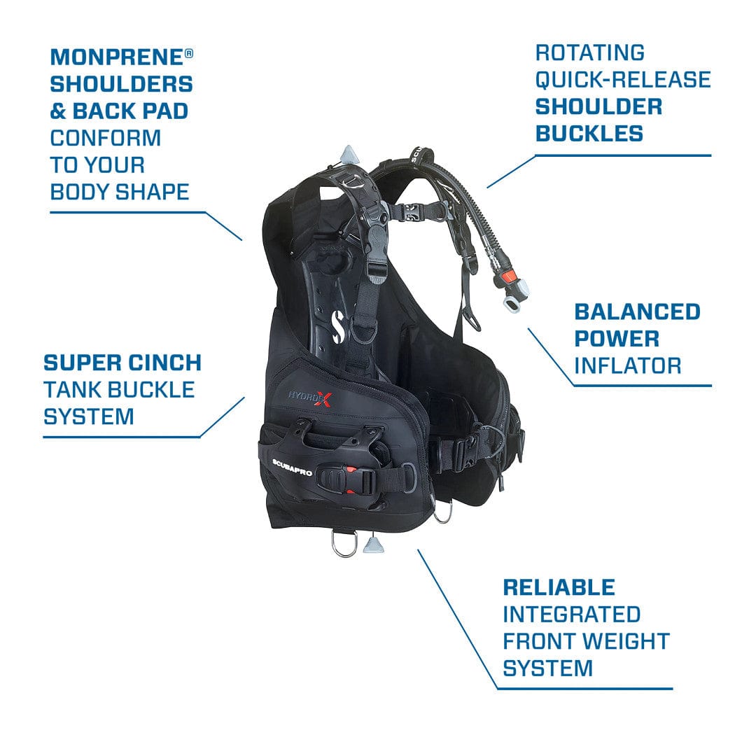 features include shoulder buckles, tank buckle, and integrated weight system.