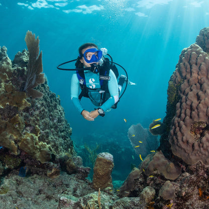 Diver exploring coral reef in Trinidad.
