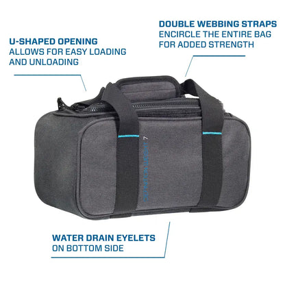 Weight 7 duffel bag with U-shaped opening and double webbing straps.
