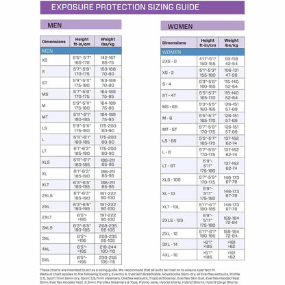 SP Exposure Protection Sizing Guide - Men & Women Size Chart