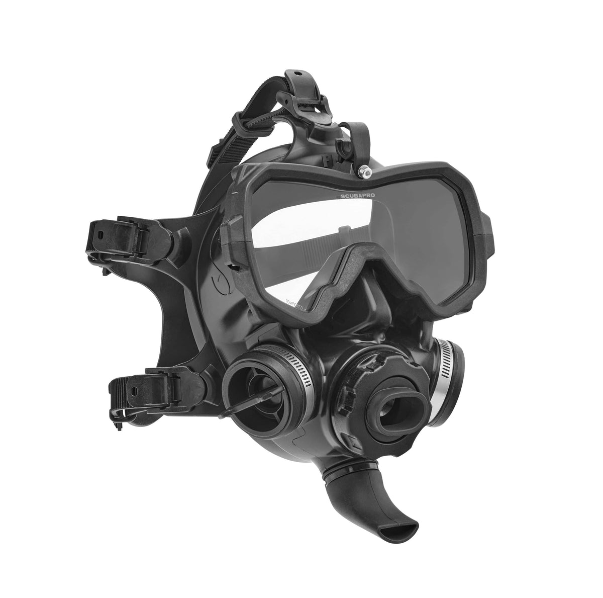 Full-face diving mask with clear visor and straps.
