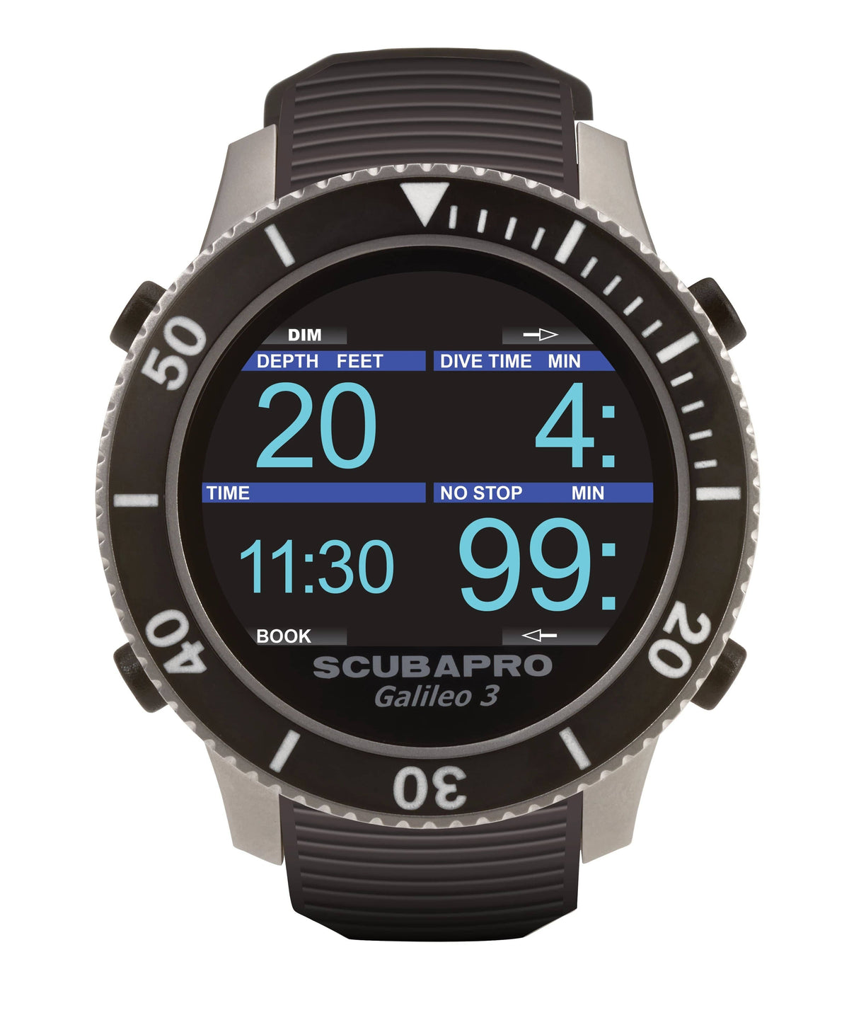 Scubapro Galileo 3 dive computer showing depth, time, and dive data.