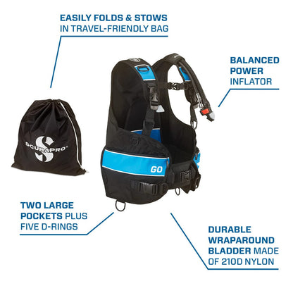 Scubapro Go BCD with travel bag, balanced inflator, & pockets