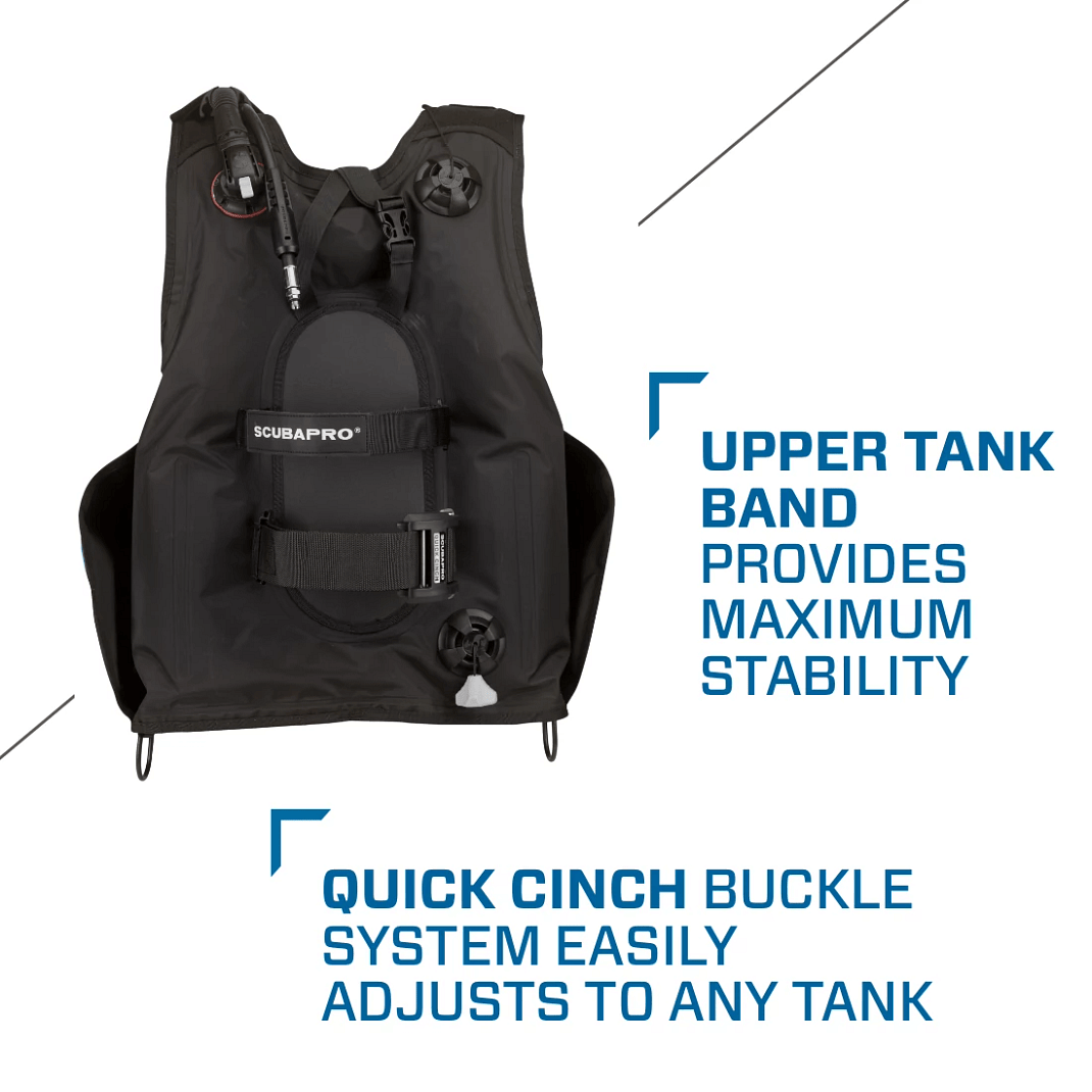 Scubapro Go 2 BCD with upper tank band and quick cinch buckle system